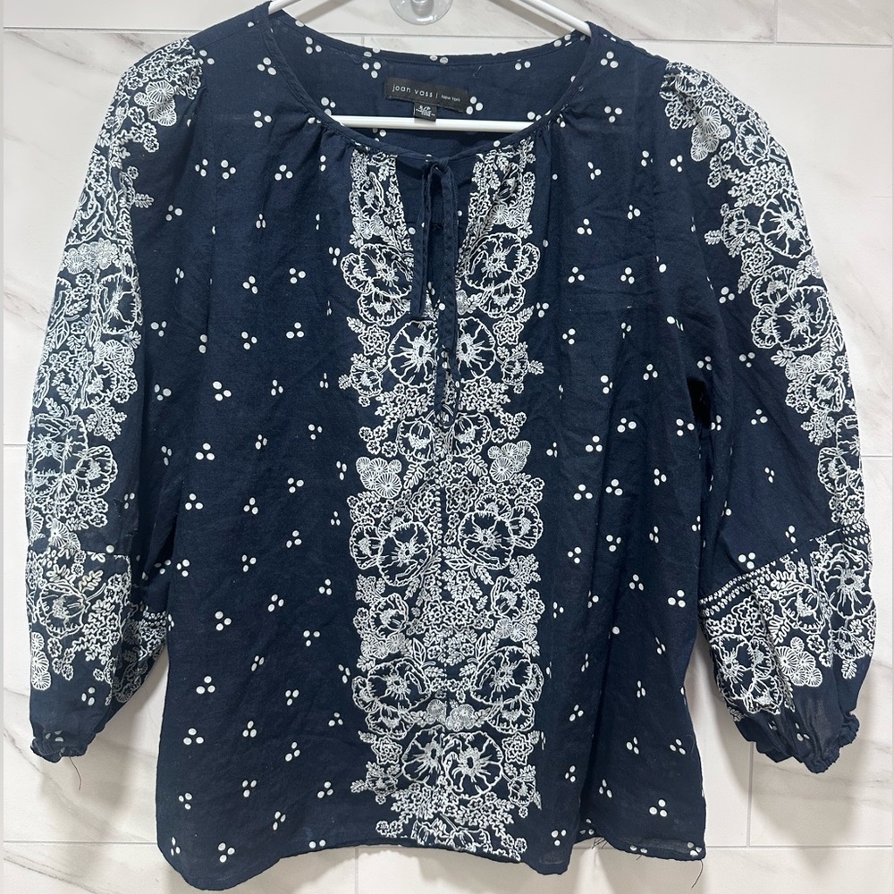 Joan Vass Peasant Top Boho Floral Print Blouse 3/4 sleeves length size S